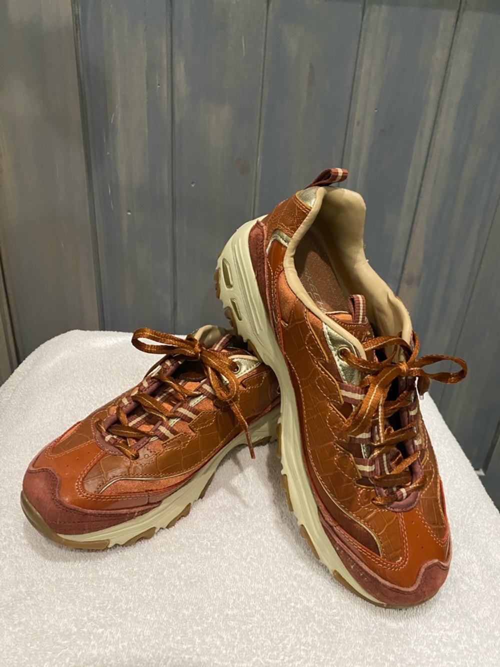 Skechers Women’s Leather-Accent Sneakers in Brown and Tan